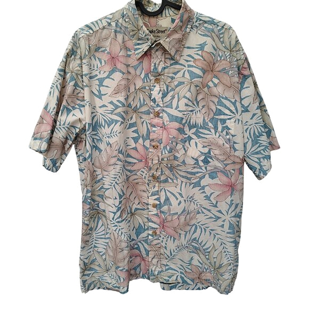 Aloha Hawaiian Reverse Print Blue & Cream Tropical Cotton Button Front Shirt | M